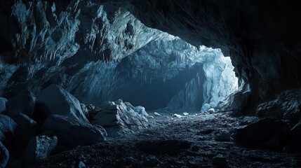 Cave interior, dark, mysterious, natural light, exploration