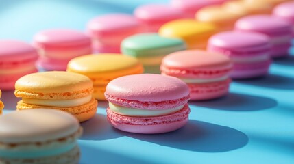 Colorful macarons arranged on a bright blue surface in afternoon light