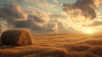 Golden Hay Bale in Summer Wheat Field Sunset Dramatic Sky Rural Landscape Idyllic Peaceful Serene Countryside Agricultural Harvest Season Farmland    