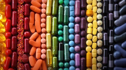 A vibrant collection of multicolored vitamins and supplements arranged neatly in rows.