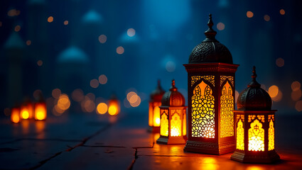 Fototapeta premium Glowing Ramadan Lanterns Festive Night Scene Warm Lights Illuminated Ornate Metal Arabic Design Traditional Festive Celebration Background Islamic 