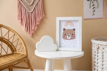 Charming Nursery Decor Featuring a Cute Bear Illustration and Cozy Interior Elements