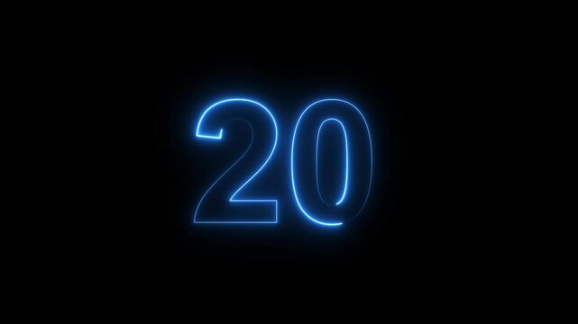 Glowing neon light digital number 20. light cyan color symbol, seamless loop animation on black background, Educational mathematics concept with neon letter 20 digit with alpha channel .