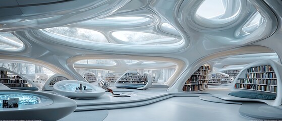 Futuristic library with organic architecture and serene ambiance, showcasing innovative design in an advanced educational space