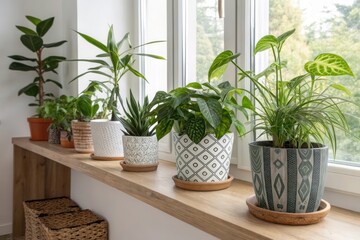 A Serene Indoor Garden with Various Lush Green Plants Overlooking Bright Windows