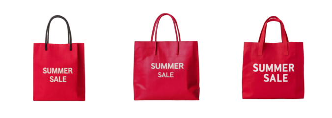 Three red shopping bags with Summer Sale text isolated on a transparent background, ideal for seasonal retail promotions