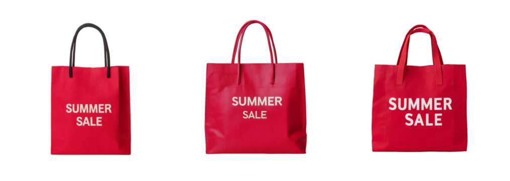 Three red shopping bags with Summer Sale text isolated on a transparent background, ideal for seasonal retail promotions