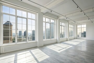 Obraz premium Spacious Modern Office Featuring Urban Views Through Expansive Glass Windows and Abundant Natural Light