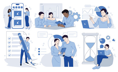 Business team working on various tasks, flat graphic style, white background. Concept of teamwork, productivity, and project management. Vector illustration