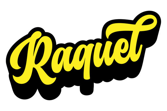 Name Raquel written in retro groovy script lettering with long shadow effect