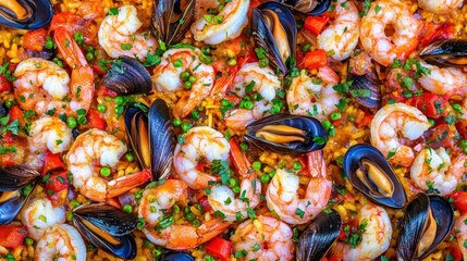 Fototapeta premium Vibrant Seafood Paella with Shrimp and Mussels