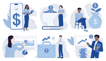 Business people managing finances, flat design, white background, concept of financial growth and management. Vector illustration