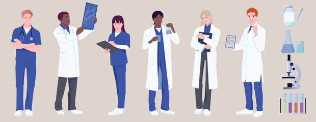 Group of medical professionals in scrubs and lab coats, flat graphic style, on beige background. Concept of healthcare teamwork. Vector illustration