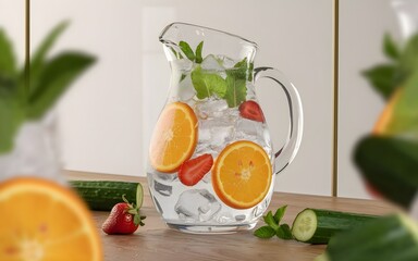 Fototapeta premium Refreshing hydration: A pitcher filled with water, fruit, and herbs creates a visually appealing and healthy beverage option. Stay refreshed!