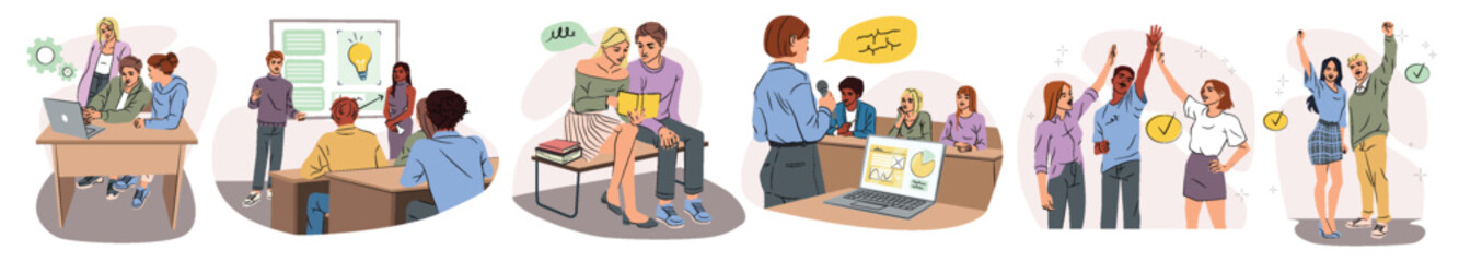Obraz premium People working on computers, attending meetings, studying, and celebrating success. Flat graphic style on white background. Concept of teamwork and education. Vector illustration