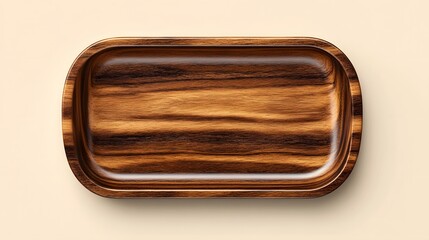 Elegant wooden serving tray on a soft beige background, showcasing natural textures and colors