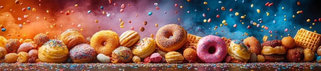 Colorful Donuts with Sprinkles and Background of Fun Ingredients. Generative AI
