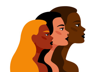 women of different races in profile, flat design vector illustration