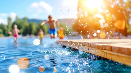 Children jump off a pier into sparkling water on a sunny summer day surrounded by nature