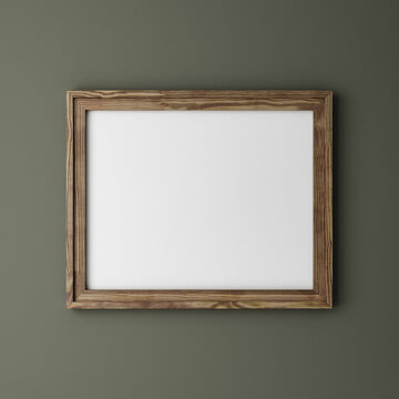 4x5 ratio paper size poster frame mockup close up on wall painted dark green color, old wooden frame,  3d render