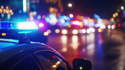 A close-up of a police car's flashing lights at night, illuminating a blurred city scene with vibrant blue and red hues.