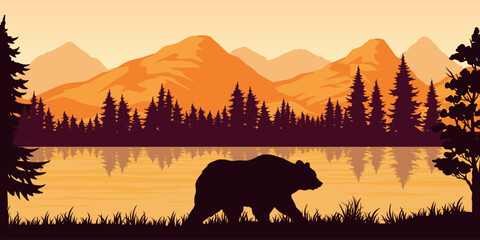 Silhouette of a bear by a tranquil lake at sunset