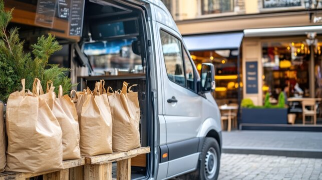 Urban Delivery Van with Brown Paper Bags in City Setting