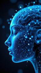 Fototapeta premium An artistic depiction of artificial general intelligence with a human-like face and brain composed of digital stars.