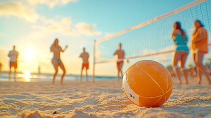 Friends enjoy a lively game of beach volleyball as the sun sets on a beautiful day by the ocean