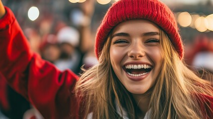 Fototapeta premium Woman in red shirt is laughing. Female sports fan in a hat. Cheering football team during a college game. A lady wearing a red shirt is lifestyle laughing.
