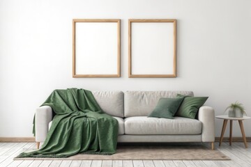 Elegant Modern Living Room with Neutral Tones, Cozy Fabrics, and Empty Frames