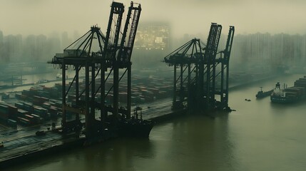 Foggy harbor scene with cranes and cargo containers, boats navigating through still waters