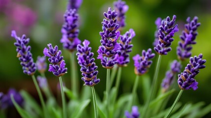 Fototapeta premium Vibrant purple lavender blooms in a lush garden, creating a serene and calming atmosphere.