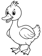 A fluffy baby goose waddling with a big smile, tiny beak, and round wings. Cute and playful cartoon-style, thick black outlines for kids’ coloring books.