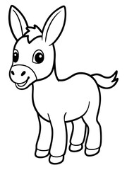 Naklejka premium A small baby donkey standing with long ears, a tiny tail, and a friendly smile. Cute and simple cartoon-style, bold black outlines for easy coloring.
