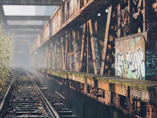 Abandoned railway bridge with rusted tracks and overgrown vegetation