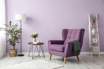 Charming Living Room with a Cozy Purple Chair, Serene Plants, and Tasteful Decor in a Modern Home
