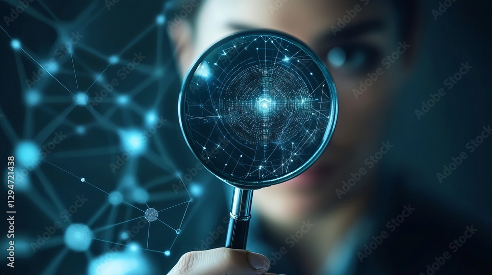 Poster digital technology magnifying glass abstract network data analysis futuristic innovation concept mod