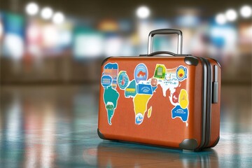 Travel suitcase adorned with colorful stickers showcasing destinations and adventures