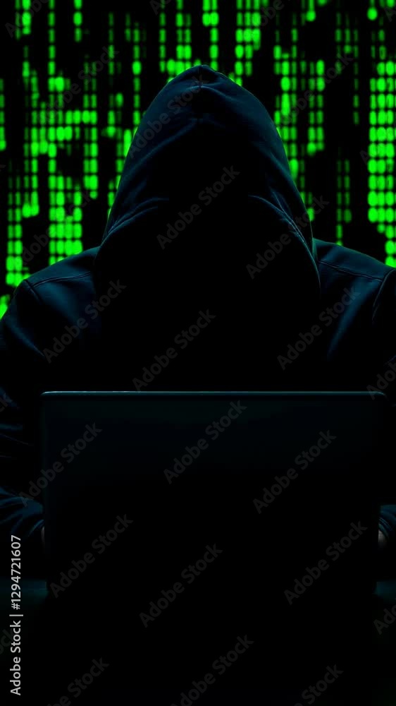 Poster hooded hacker in dark room with green matrix code background. cybercrime and data breach concept. an
