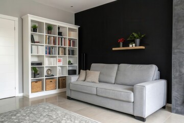 Contemporary Living Room Design Featuring Grey Sofa and Minimalist Shelving with Decorative Plants