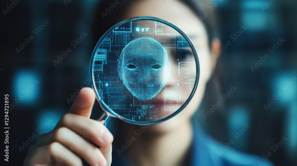 Poster digital face recognition technology magnifying glass abstract futuristic artificial intelligence dat