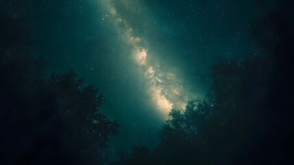 A stunning Milky Way in emerald green and soft gold stretching above a dark forest silhouette.