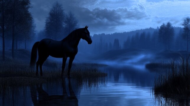 Beneath a shimmering moonlit sky, a stunning black horse stands proudly by still waters, reflecting the beauty of the surrounding trees and mountains. The calm atmosphere enhances its elegance