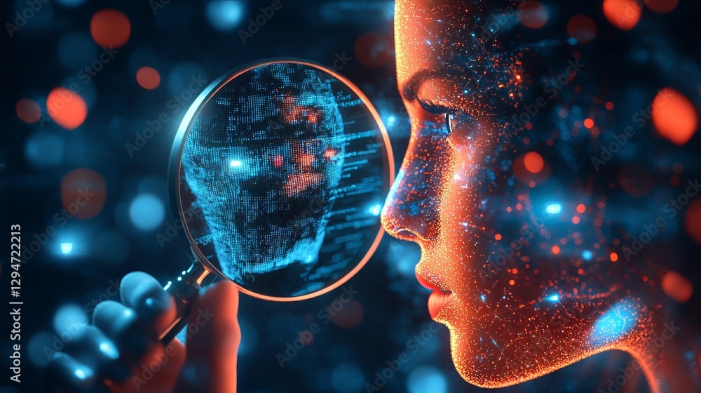 Poster digital face recognition system modern technology ai futuristic magnifying glass examining artificia