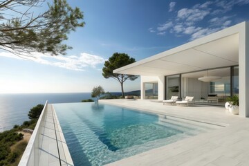 Fototapeta premium Stunning Modern Villa Overlooking the Serene Ocean with an Inviting Infinity Pool