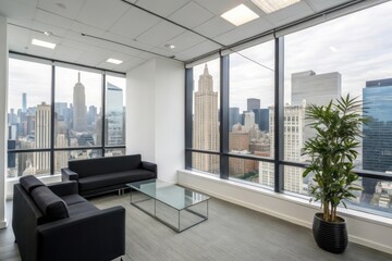 Fototapeta premium Modern Office Interior with a Breathtaking View of the Cityscape Featuring Iconic Skyscrapers
