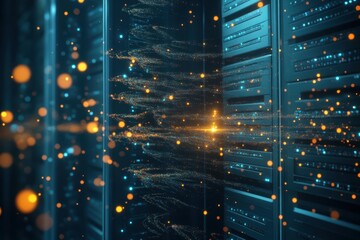 Data center with glowing particles showcasing advanced technology in a modern facility