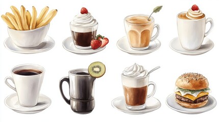 Colorful watercolor set featuring desserts, drinks, and snacks with creative presentation on white background