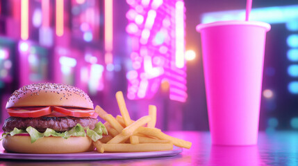 Vibrant fast food advertisement with burger and fries in modern neon setting